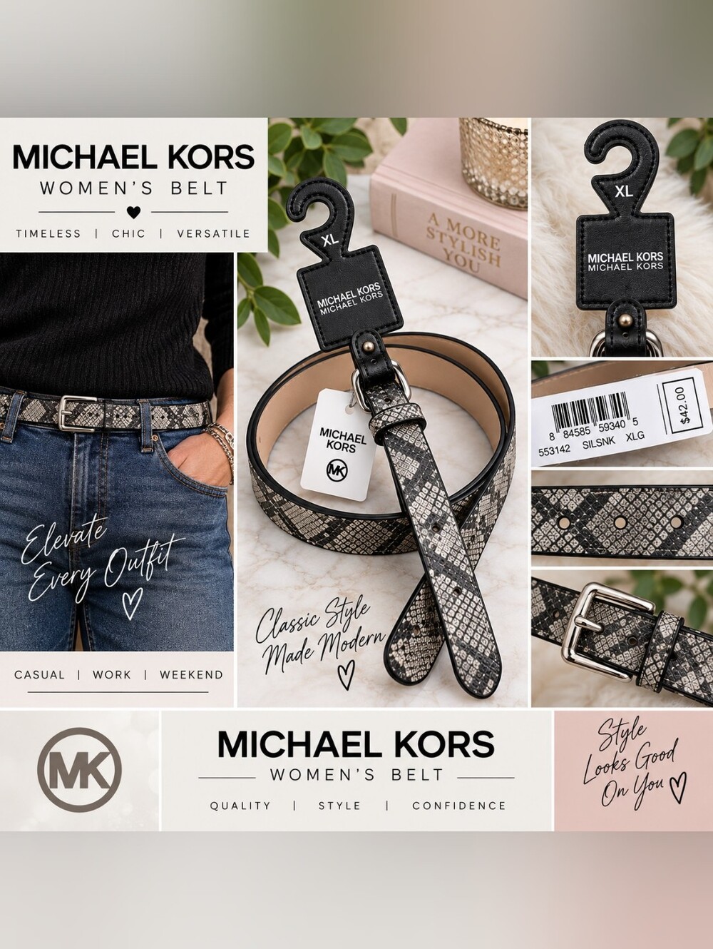 Michael Kors Men's Black and Silver Signature Pattern Belt
